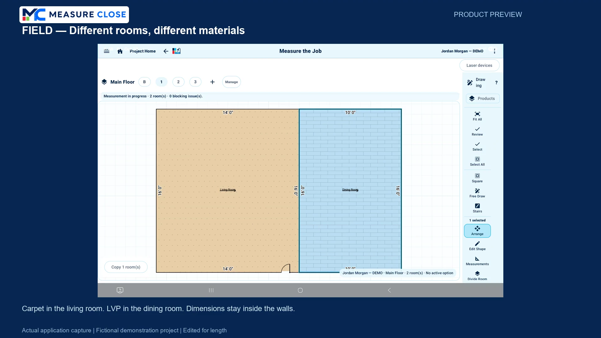 Actual Field tablet app showing dimensioned rooms in the fictional demo project.