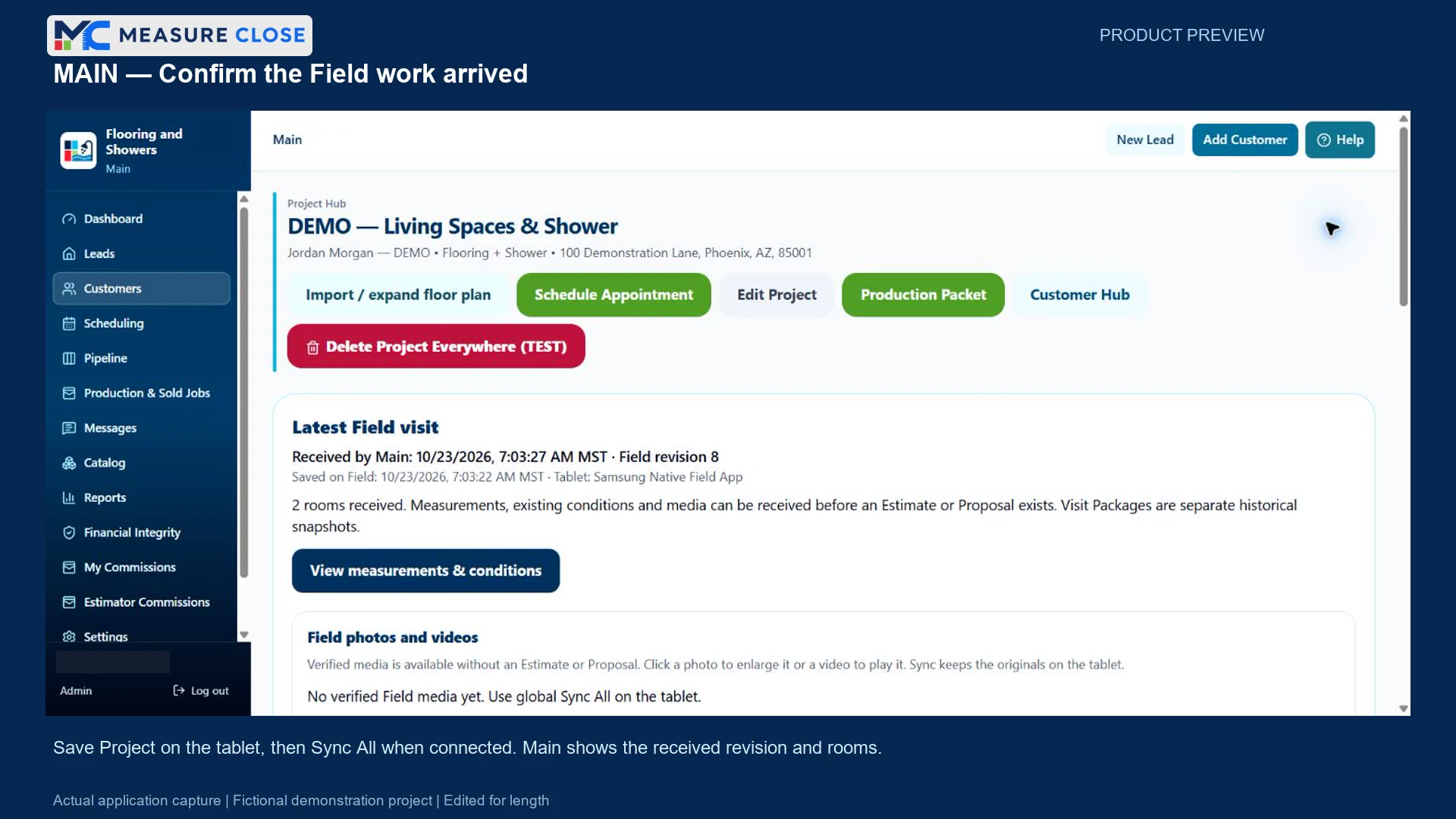 Actual Main Office project hub from the MeasureClose demonstration, using fictional data.