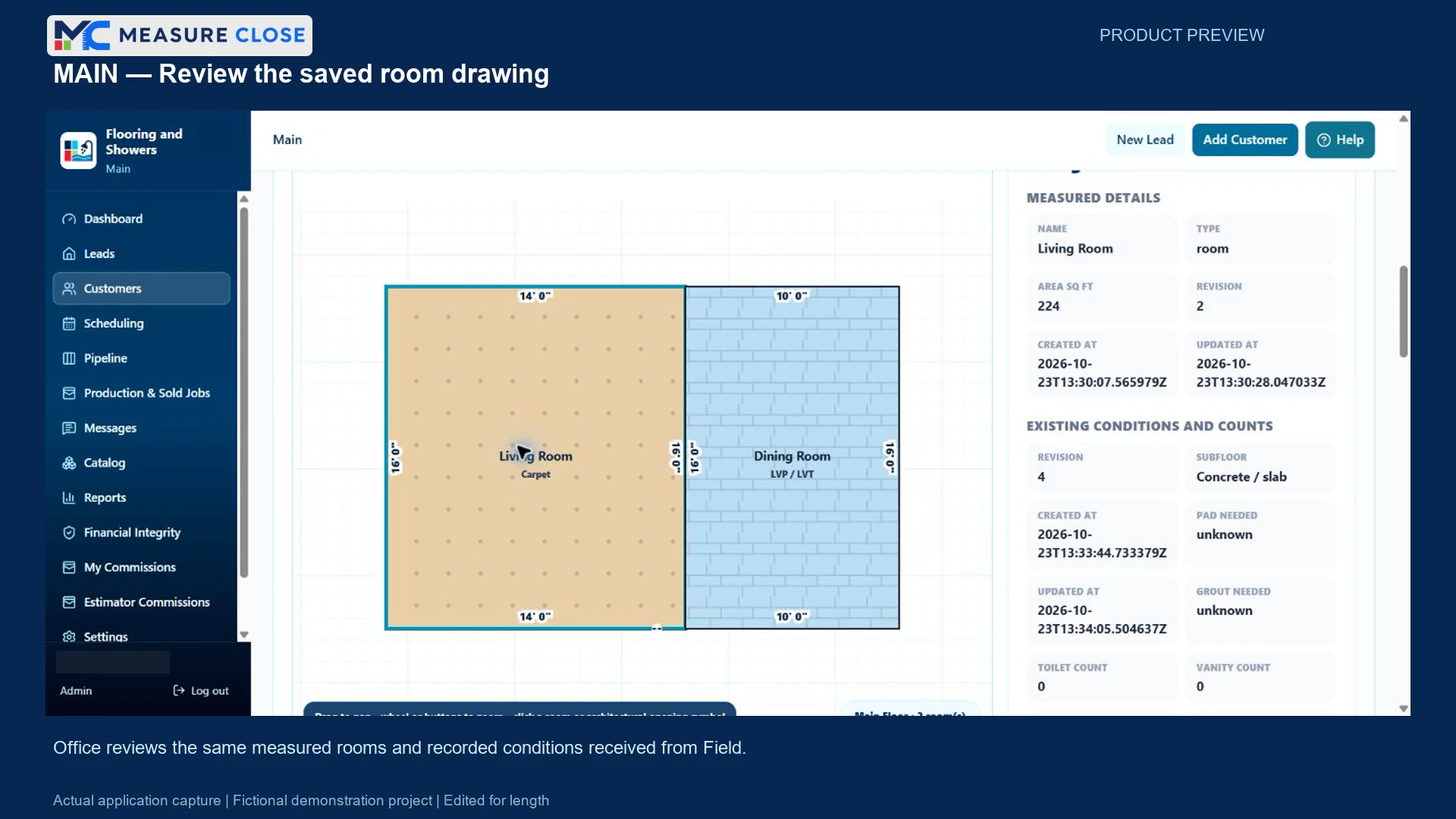 Main Office viewer showing the saved room drawing received from Field alongside existing conditions.